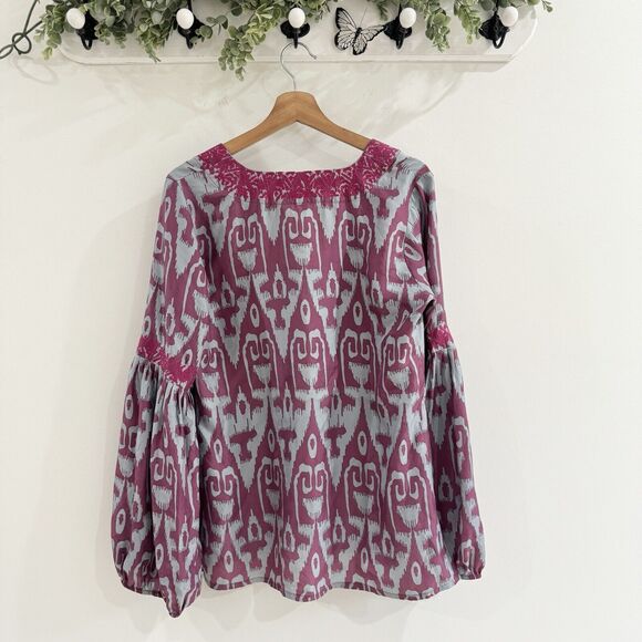 Irving & Fine Balloon Sleeve 100% Silk Geometric Print Blouse Boho Chic - Picture 2 of 5